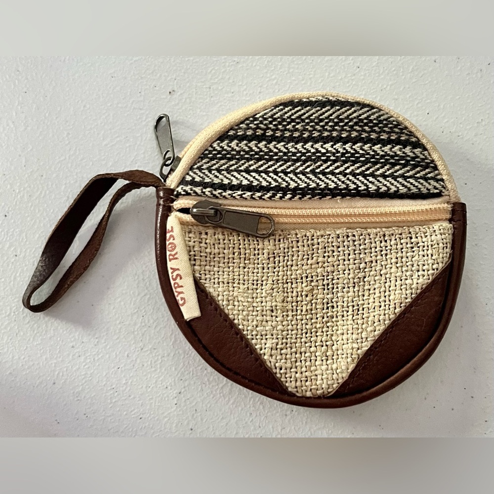 Gypsy Rose Round Coin Purse Pouch with Leather Trim - Natural & Black
